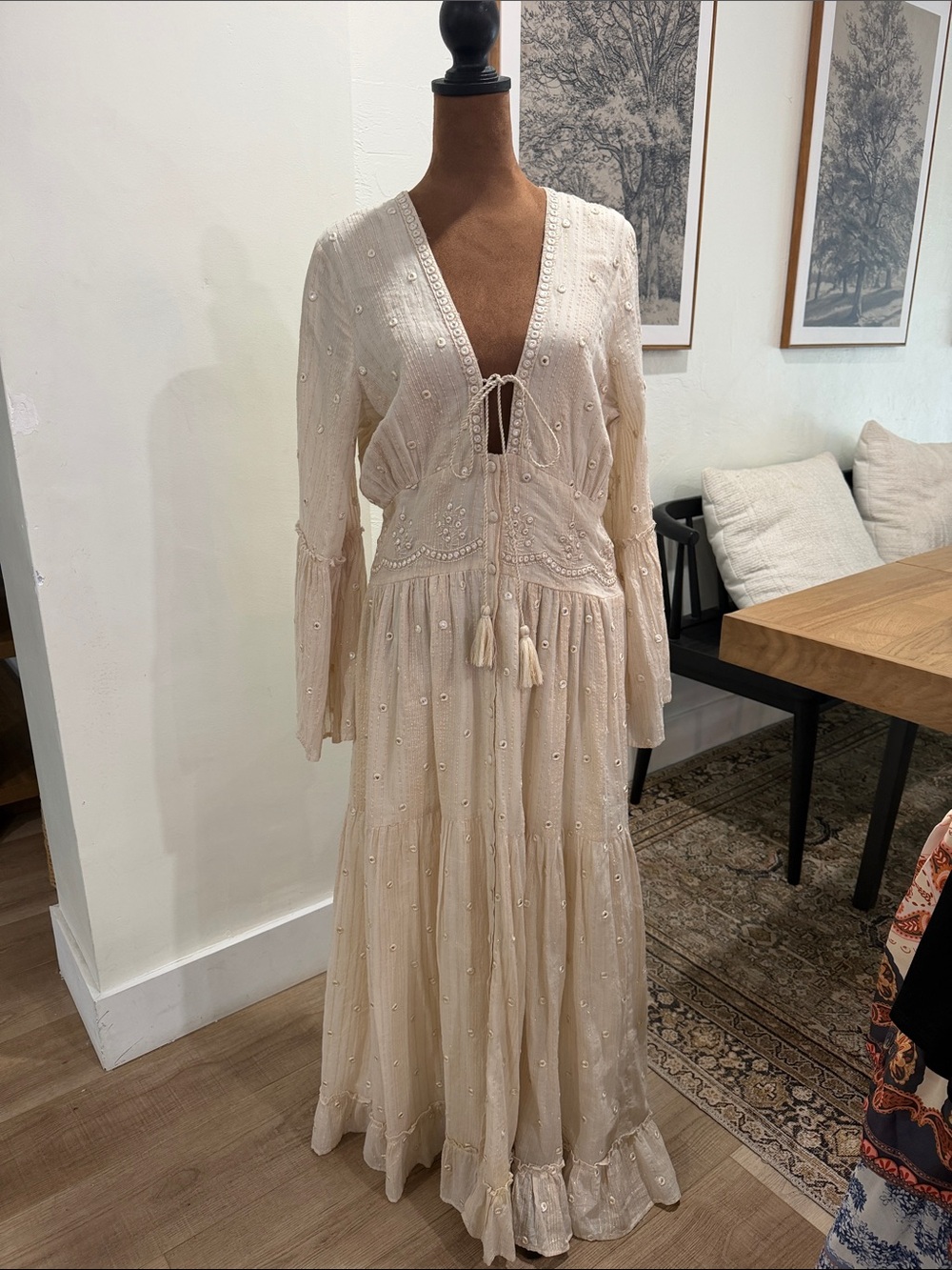 Bohemian Cream Tie-Front Maxi Dress